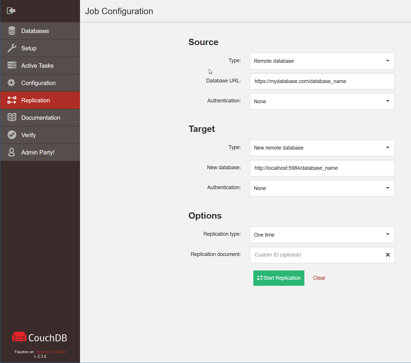 Use a remote database as the target with localhost:5984